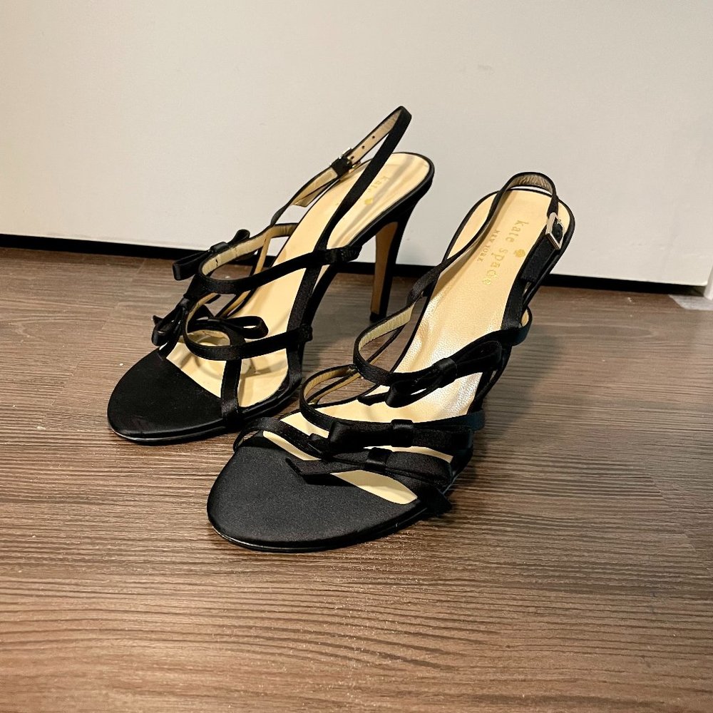 Kate Spade Emilia Triple Bow Black Satin Sandals - 6.5